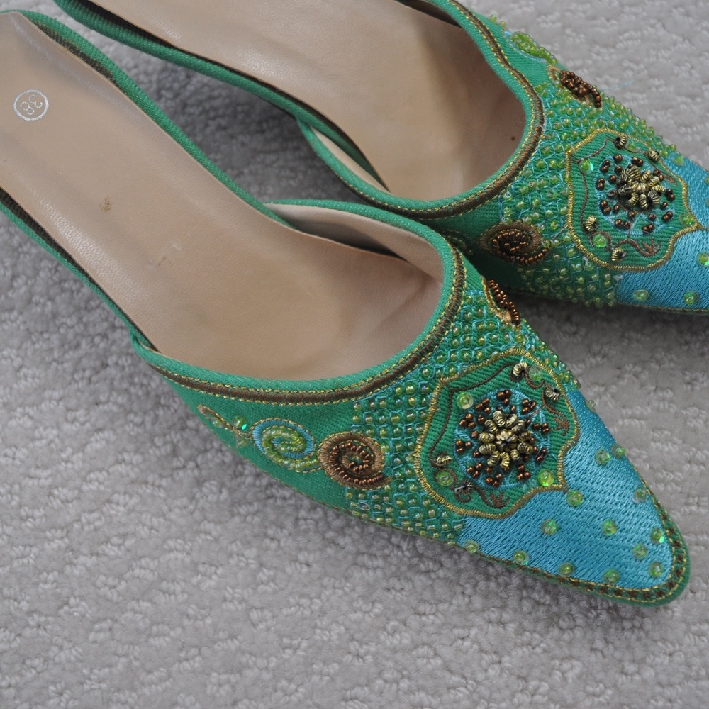 Beautiful Embroidered & Beaded BlueGreen Mule Heel